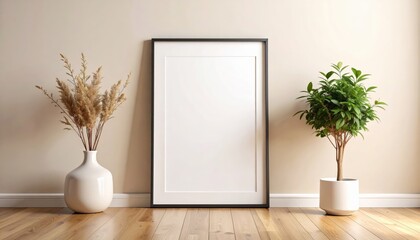 Empty photo frame leaning against beige wall with wooden floor, clean and minimal interior mockup