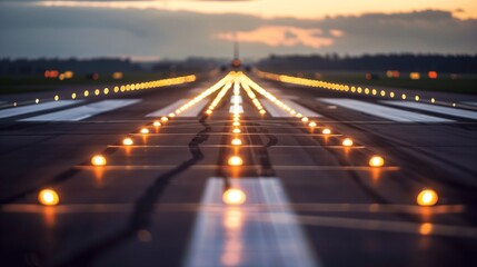 Obraz premium Close-up of airport runway with glowing landing lights at dusk, shallow depth of field, motion blur effect, travel and transportation concept.