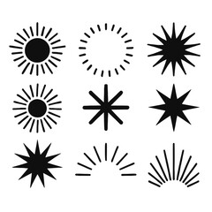 Set of Black Sunburst and Radiating Star Icons in Various Styles