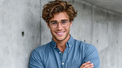 young man with curly hair and glasses stands proudly with arms crossed, displaying a cheerful smile. He is dressed casually in a blue shirt and poses in front of a sleek concrete wall