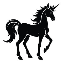 Elegant black unicorn silhouette walks gracefully with head high in a simple, minimal style