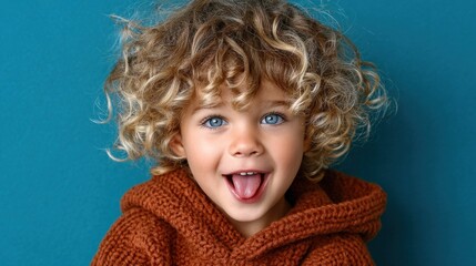 cheerful young child with curly hair and vivid blue eyes playfully sticks out their tongue while wearing a cozy brown sweater. solid blue background enhances the childs joyful expression