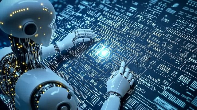 Futuristic robot analyzing intricate circuit board patterns in a high-tech digital environment