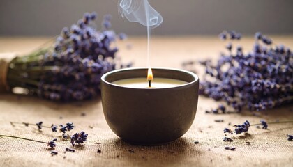 Aromatic candle in stone holder with smoke trail, dry lavender bunch and linen background still life scene