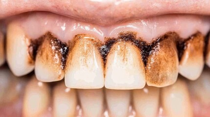 Close-up view of stained human teeth covered with brown plaque caused by long-term smoking, highlighting dental hygiene issues, nicotine damage, and oral health problems