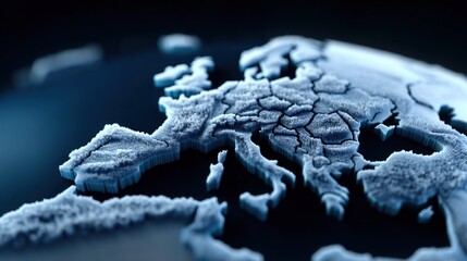 close-up view reveals a textured map of Europe, highlighting its geographic features and contours. Soft lighting enhances the intricate details of the landmasses for a striking effect