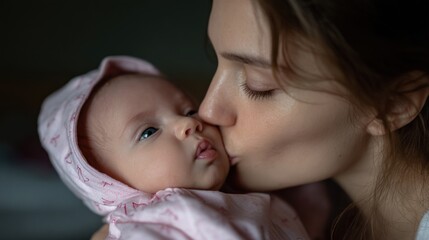 mother lovingly kisses her newborn in a warm, intimate atmosphere. Soft lighting highlights the bond between them, showcasing tender moments of affection and connection