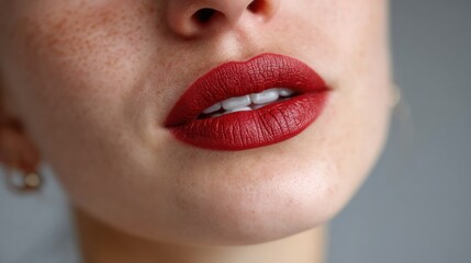 model displays her lips adorned with vibrant red lipstick, accentuating their shape and color. setting features a soft, muted backdrop that enhances her natural features