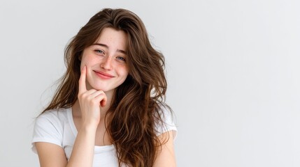 young woman displays a playful smile while thoughtfully resting her chin on her finger. Her long, wavy hair frames her face, set against a bright, neutral background