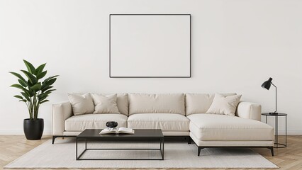 Modern Minimalist Living Room Interior Design with Beige Sectional Sofa and Empty Frame