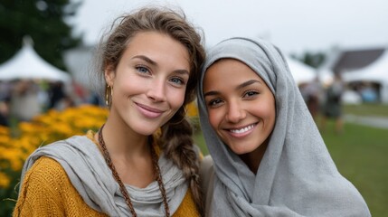Two women stand close together, smiling brightly in the fall weather