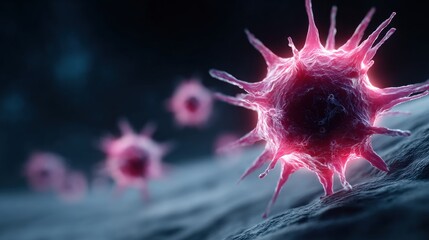 Bright pink viruses are depicted in a close-up view, navigating a dark, textured environment that highlights their unique features and structure, showcasing their intricate design and movement