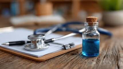 clear glass vial containing a blue liquid sits next to a stethoscope and a clipboard with notes on a rustic wooden table in a healthcare environment