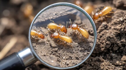 Close up of drywood termite workers crawling on damaged wooden surface, viewed through magnifying glass showing insect details, pest infestation, colony activity, and wood destruction signs