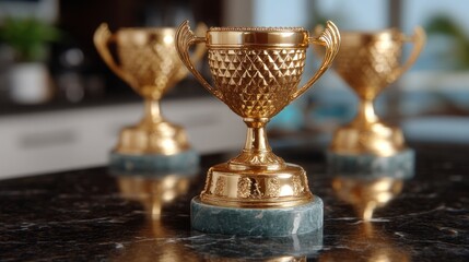 Three gleaming golden trophies with intricate designs rest on a dark marble countertop in a well-lit kitchen, symbolizing success and recognition for outstanding accomplishments