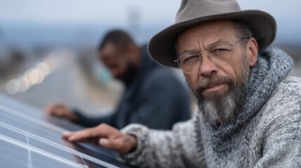 Two men are working together to install solar panels on a rooftop. One man, with glasses and a beard, carefully touches the panel, while another works in the background