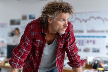 man with curly hair dresses in a plaid shirt and t-shirt, focuses intently on financial charts on the wall while working in a contemporary office filled with colleagues and computers