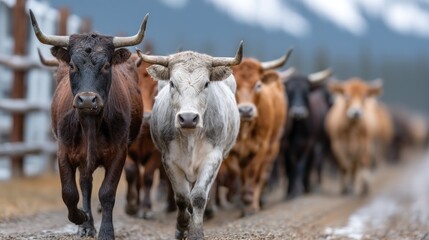 Cattle of various colors and sizes move along a dirt road, surrounded by picturesque mountains in the background. afternoon sun casts a soft light on the scene, highlighting the animals