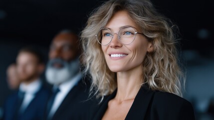 woman with curly hair and glasses smiles while listening to a speaker in a well-lit auditorium. She is sitting among an audience, engaged in the discussion and enjoying the atmosphere