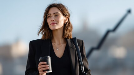 Woman with glasses holds coffee cup and smiles in a professional outfit, standing outdoors in city with a backdrop of an upward trend graph reflecting optimism and success