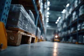 Empty aisle in a large warehouse with wooden pallets stacked high, showcasing organized storage. forklift is seen maneuvering among the shelves, facilitating loading operations