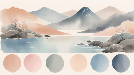 Serene Watercolor Landscape Misty Mountains and Tranquil Lake