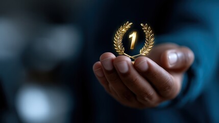 hand presents a shining golden trophy marked with number one, symbolizing victory and success. focus highlights the trophy amidst a blurred backdrop of a professional environment
