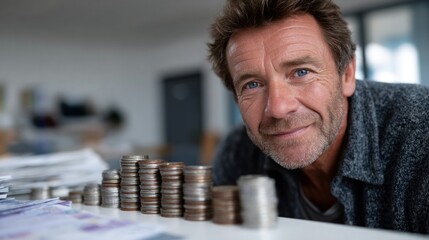 man is smiling while leaning forward, surrounded by neatly stacked coins and scattered paper bills on a table. setting is a bright office space, suggesting financial planning or budgeting