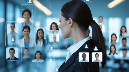 Businesswoman analyzing virtual interface of diverse professional profiles in futuristic digital workplace with transparent data overlays

 - Powered by Adobe