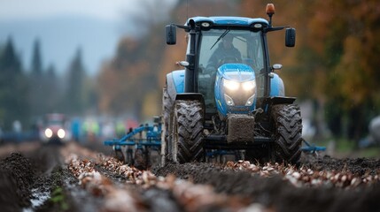 blue tractor works on plowing a muddy field surrounded by autumn trees. Farmers can be seen in the background tending to their crops as the day reaches its end