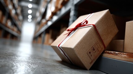 Brown package tied with a red ribbon is placed on the floor of a warehouse. Shelves lined with neatly stacked boxes create a busy storage environment. Bright lights enhance visibility