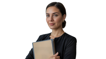 Portrait of a woman holding a folder with a confident expression on transparent background