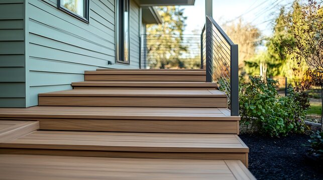 Modern exterior stairs with light wood composite decking and blue siding on house