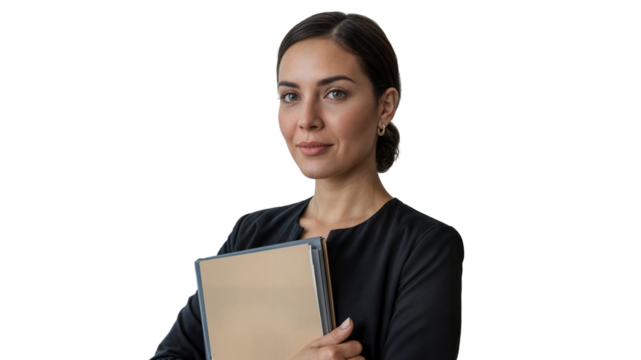 Portrait of a woman holding a folder with a confident expression on transparent background