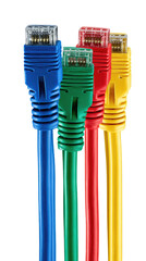 Four vibrant ethernet cables in blue red green and yellow on transparent background

