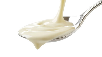 Sweetened Condensed Milk Pouring from Spoons, Isolated on White Background, Food Photography, Culinary Image, Condensed milk, Sweetener, Dessert