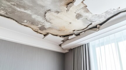 Damaged gypsum board ceiling with large broken sections and fallen debris showing failed interior construction and poor structural integrity in residential home renovation failure