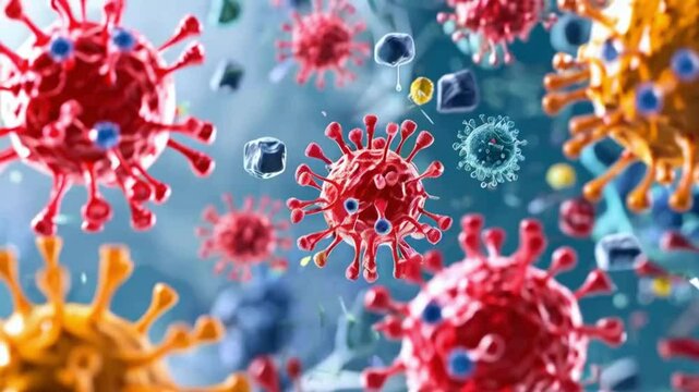 Dengue Virus and Human Immune Response, Color-Coded Battleground Interaction between the dengue virus and human immune cells..