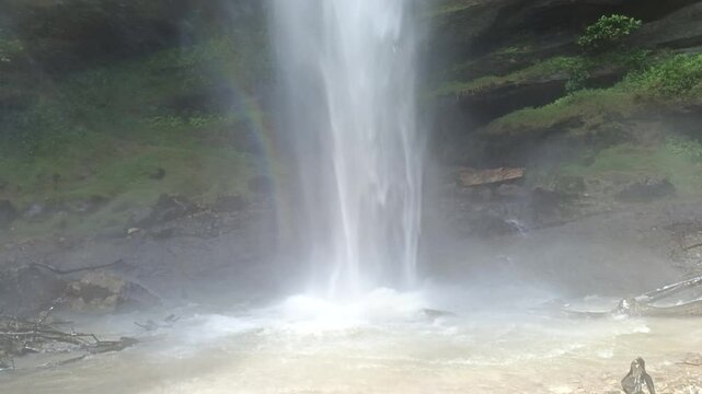 Landscape footage of a waterfall in the middle of the forest with a very beautiful cliff, the name is Sarasah tanggo waterfall in West Sumatra