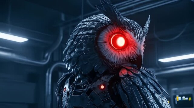 Futuristic robotic owl eyes logo with red glowing eyes and cybernetic body in dark sci-fi setting