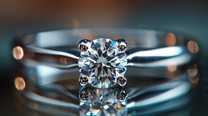 Exquisitely cut round brilliant diamond solitaire engagement ring with fourçˆªé‘²æ‰˜æž¶, set in 14k white gold band, reflecting light against a dark backgroun