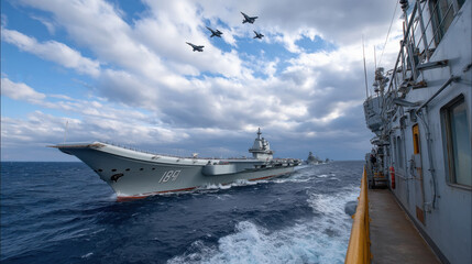view of an aircraft carrier moving through the sea, with jets on the deck. The sea is dynamic with waves.