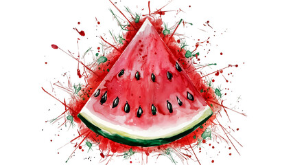 Watercolor painting of a watermelon slice with paint splatter effect on transparent background