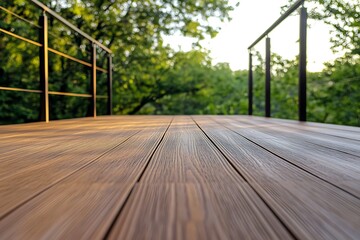 Obraz premium Outdoor deck with brown wooden planks and metal railing overlooking blurred green trees