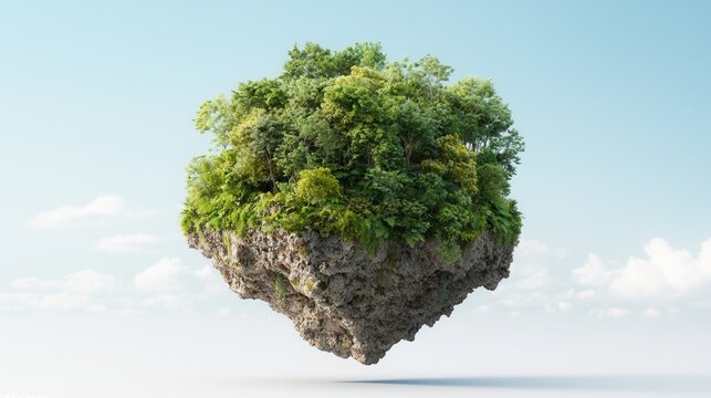 Nature conservation concept. Floating tree against a serene sky with clouds.