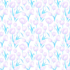  Pattern of Delicate Purple Tulips with Blue Foliage on White