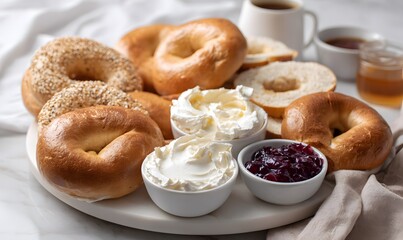 A sharing platter piled with an assortment of sliced and whole cottage cheese bagels and yogurt bagels, surrounded by mini bowls of jam, honey, and whipped cream cheese. Generative AI