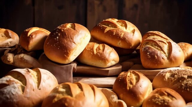 Fresh baked assorted loaves of bread displayed on a rustic wooden surface