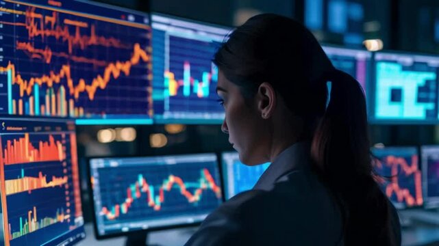 Digital, data, and stock market with a woman dealing FX at night in an office. Overlay, finance, or fintech with a female trader analyzing portfolio growth statistics.. - Powered by Adobe