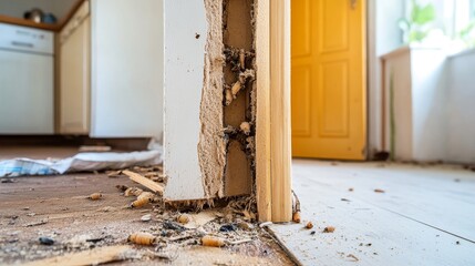 Close-up of timber door beam severely damaged by termites in wooden kitchen home structure, showing visible traces of prolonged insect infestation and structural wood decay